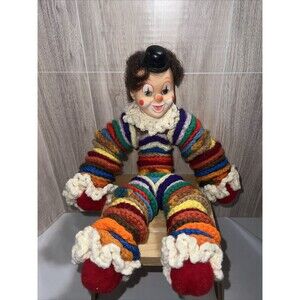 Vintage Crocheted Clown Doll Colorful Vinyl Head Hand Made 13”